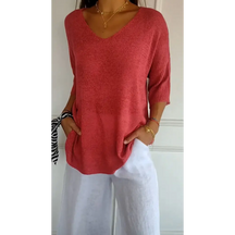 Blusa de Malha com Decote em V de Cor Sólida
