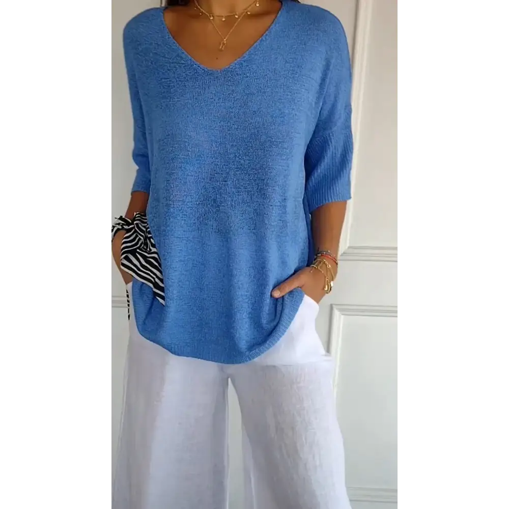 Blusa de Malha com Decote em V de Cor Sólida