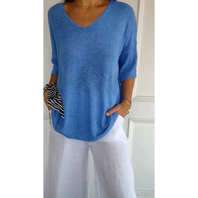 Blusa de Malha com Decote em V de Cor Sólida