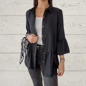 Camisa Feminina Casual com Gola de Lapela e Manga Flare